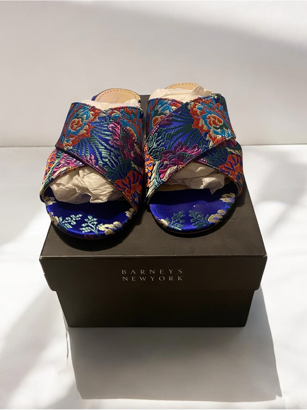 Barneys New York Blue Embroidered Floral Slide Mules
